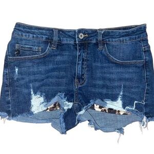 Kancan Mid Rise Leopard Pocket Frayed Distressed Denim Jean Shorts Sz L / 30